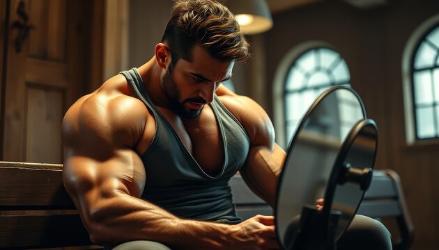 Muscle-bound man lifting weights in a gym during workout session