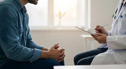 A men's health checkup with a doctor or psychiatrist for physical or mental health assessment.