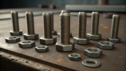 Scattered bolts and nuts on workbench, showcasing industrial hardware details