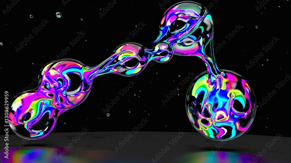 Poster abstract composition featuring colorful liquid shapes floating in space, reflecting on a surface, wi