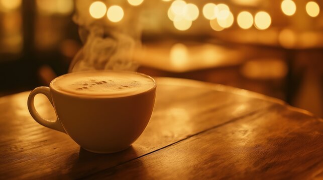 Steaming latte on a wooden table, soft bokeh background, cozy cafe ambiance. Warmth and comfort in every sip