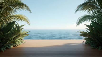 Fototapeta premium Serene Tropical Beach View with Lush Green Plants and Calm Ocean