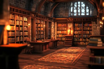 Grand Old Library Interior - A captivating of a large, antique library filled with bookshelves, lit by warm lamps. Rich wood tones and a detailed rug add to its charm
