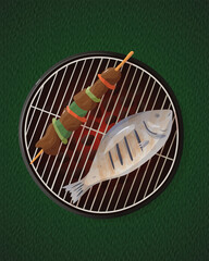 Illustration vectorielle d'un barbecue : poisson et brochette, vue du dessus