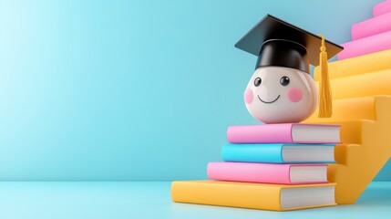 Joyful Cartoon Graduate on Colorful Books and Stairs