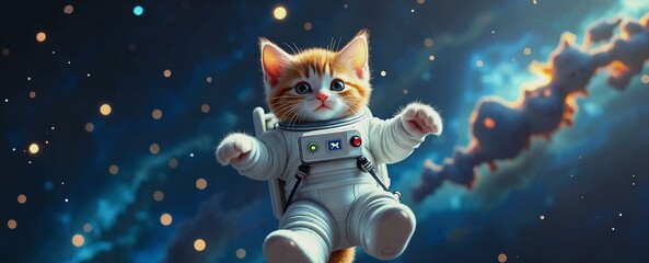 Fototapeta premium Cute kitten in a colorful space suit floating in a vibrant cosmic setting