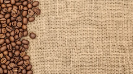  Roasted coffee beans on burlap background with blank space for text or branding mockup.