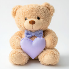 Obraz premium Adorable teddy bear with a blue bow tie holding a lavender heart, set against a white background.