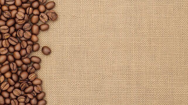 Roasted coffee beans on burlap background with blank space for text or branding mockup.