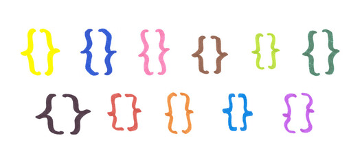 Curly brace Symbol Set, Hand-drawn Colorful Marker Glyphs on Transparent Background
