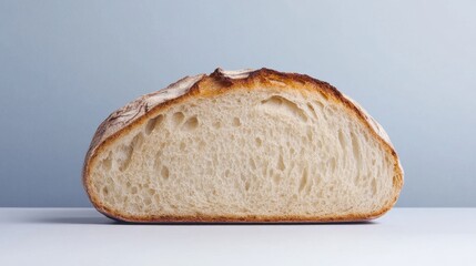 A slice of bread is cut in half, revealing its crusty exterior and soft interior