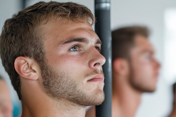 Fototapeta premium A weightlifter reflects intensely while taking a break in the gym, illustrating the mental aspect and inner focus required for serious training and athletic performance.