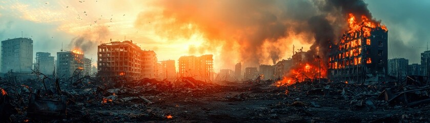 City Ruins After a Catastrophic Conflict and Destruction with Fire and Heavy Smoke Panorama View