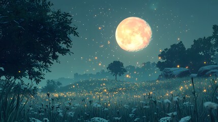 Naklejka premium A full bright moon shines over a beautiful grassy landscape