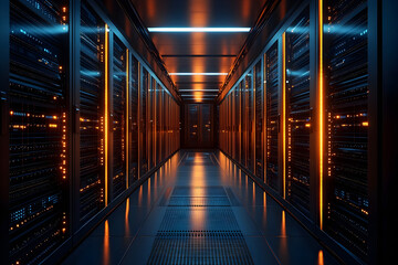 Advanced server room with illuminated racks and modern technology in a data center setting during nighttime operations