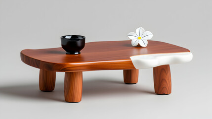 Modern Low Wooden Coffee Table with Irregular Slab Top and Decorative Flower