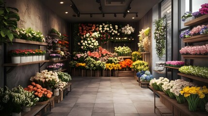 Vibrant flower shop interior filled with colorful blooms, showcasing floral arrangements and decor