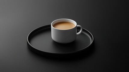 3d rendering of a white cup of coffee on a black saucer. the cup is placed on a flat surface and is facing towards the right side of the image.