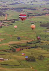 Several colorful hot air balloons float above a lush green landscape composed of farmland and small...