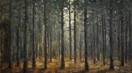 Obraz premium Serene Rugged Pine Forest with Towering Trees and Soft Light