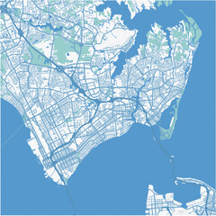 Map of Hampton in Virginia in a professional blue style. Contains layered vector with roads water, parks, etc.