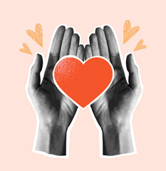 Hands showing heart. Black and white grunge style arms holding big red heart. Charity and donations. Symbol of love, humanism and support. Trendy y2k vector illustration in halftone style