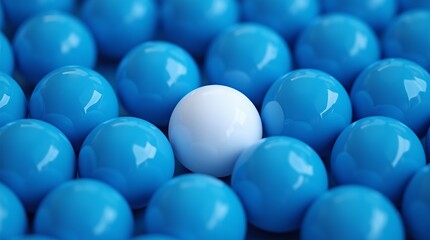 "Standing Out: A single white sphere among a field of blue spheres. This image captures a powerful visual metaphor for uniqueness, individuality.
