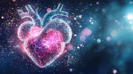 Glowing Cosmic Heart   Surreal Digital of a Cross Section of a Human Heart Surrounded by Shimmering Particles in a Cosmic Style Background
