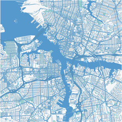 Map of Norfolk - Portsmouth Center in Virginia in a professional blue style. Contains layered vector with roads water, parks, etc.