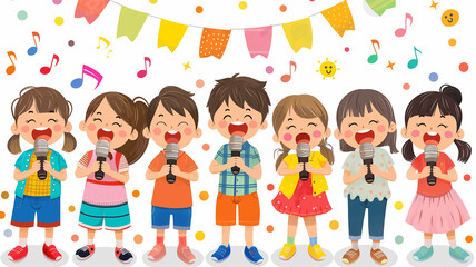 Fototapeta premium This Kids joyfully sing with microphones at a lively, decorated karaoke event.
