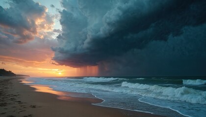 Fototapeta premium Dramatic storm cloud over ocean sandy beach coastline at sunset. Picturesque sea landscape, dark rain cloud on sky. Nature power with stormy weather, erosion risk concept. Vacation danger.