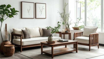Modern, minimalist living room featuring a wooden sofa, armchairs, coffee table, and framed artwork.  Natural light, plants, and neutral color palette create a serene and stylish space..