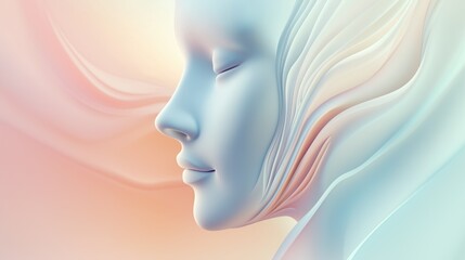 Close-up of a woman's face with her eyes closed and her head tilted slightly to the side. the background is a gradient of pastel colors, with shades of pink, orange, and light blue.