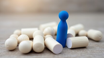 Standing Out: A solitary blue figure stands tall among a group of fallen white ones, embodying concepts of leadership and unique, captured in a soft, artistic style
