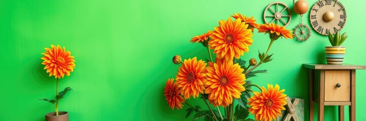Vibrant orange dahlias in a loose arrangement on a colorful green wall with eclectic accents, color blocking, abstract patterns, flower arrangements