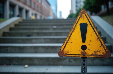 Yellow caution sign with exclamation mark at stone stairs bottom. Suggests potential danger for passersby in urban setting. Safety warning on city street indicates hazard, demands vigilance,