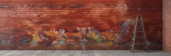 Obraz premium Vibrant red brick wall with colorful mural painting, artistic expression, community, painting