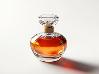 Elegant glass perfume bottle with amber liquid on white background