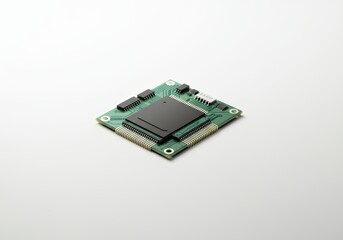 Close-up of a microchip on a green circuit board