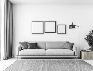 Modern minimalist living room interior design featuring a gray sofa, framed artwork, and a floor lamp.