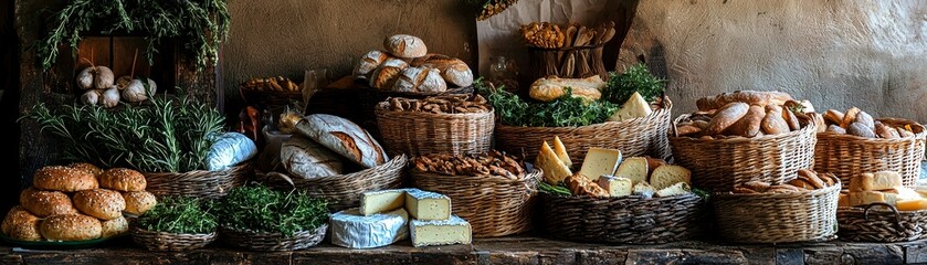 Rustic Display of Cheese and Bread Baskets an Abundance of Fresh Rustic Food and Farm Style Decor