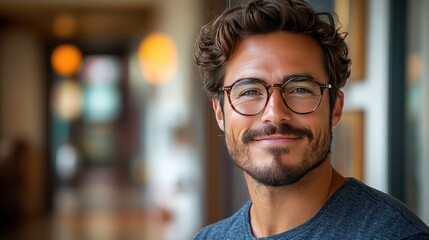 Fototapeta premium Portrait of a smiling man with medium-length brown hair and a well-groomed beard.
