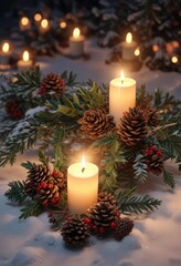 Warm candlelight on snow-covered holly branches with pinecones , holiday ambiance, cold weather decor