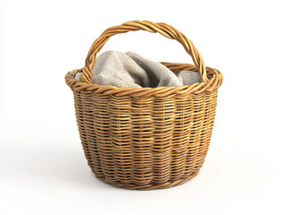 wicker laundry basket with handle and cloth inside, isolated on white