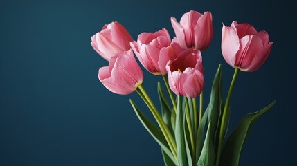 Fototapeta premium Pink Tulips Halo Wing Food - A bouquet of six delicate pink tulips, symbolizing love, spring, hope, beauty, and new beginnings. The is perfect for