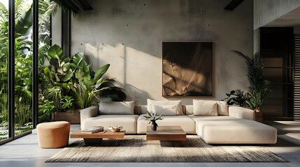 Modern living room with large windows showcasing lush greenery, minimalist furniture, and art