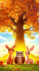 Magical Woodland Storytelling Scene with an Owl, Fawn, and Rabbit Under a Tree, Surrounded by Vibrant Fall Foliage