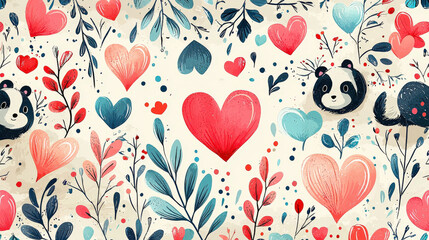 Fototapeta premium Charming panda and heart floral pattern digital artwork playful design elements creative space colorful viewpoint