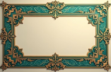 Obraz premium Islamic calligraphy frame for text background. Decorative floral design in gold, teal colors. Vintage ornamental element, old antique border with elegance. Invitation card template in royal victorian