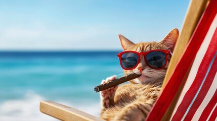 Relaxed Feline Retreat Sun, Shades, and a Smoke on Vacation at Tropical Seaside Resort 89 Chars
